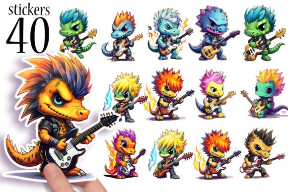 Download Cute Dinosaur Electric Guitar Stickers - Stickers Collection