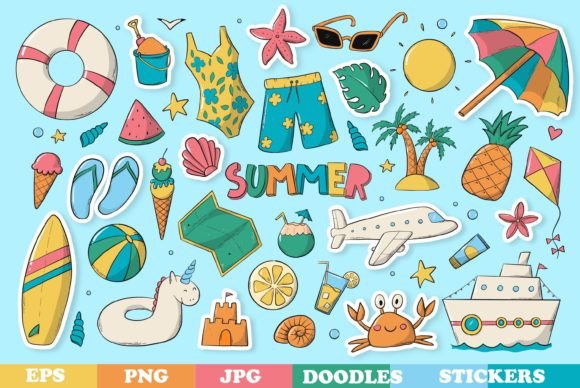 Download 34 SUMMER Stickers &amp; Doodles EPS PNG JPG - Stickers Collection
