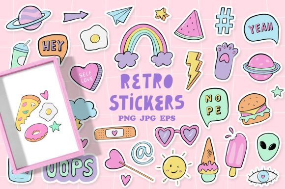 Download 35 Retro Stickers Doodles - EPS PNG JPG - Stickers Collection