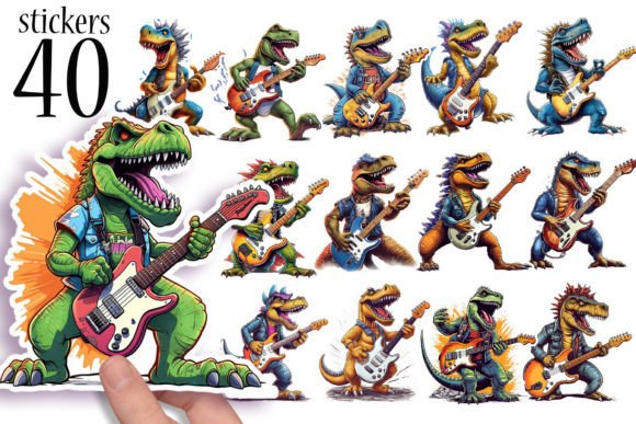 Download Dinosaur Stickers - TRex Playing Guitar - Stickers Collection